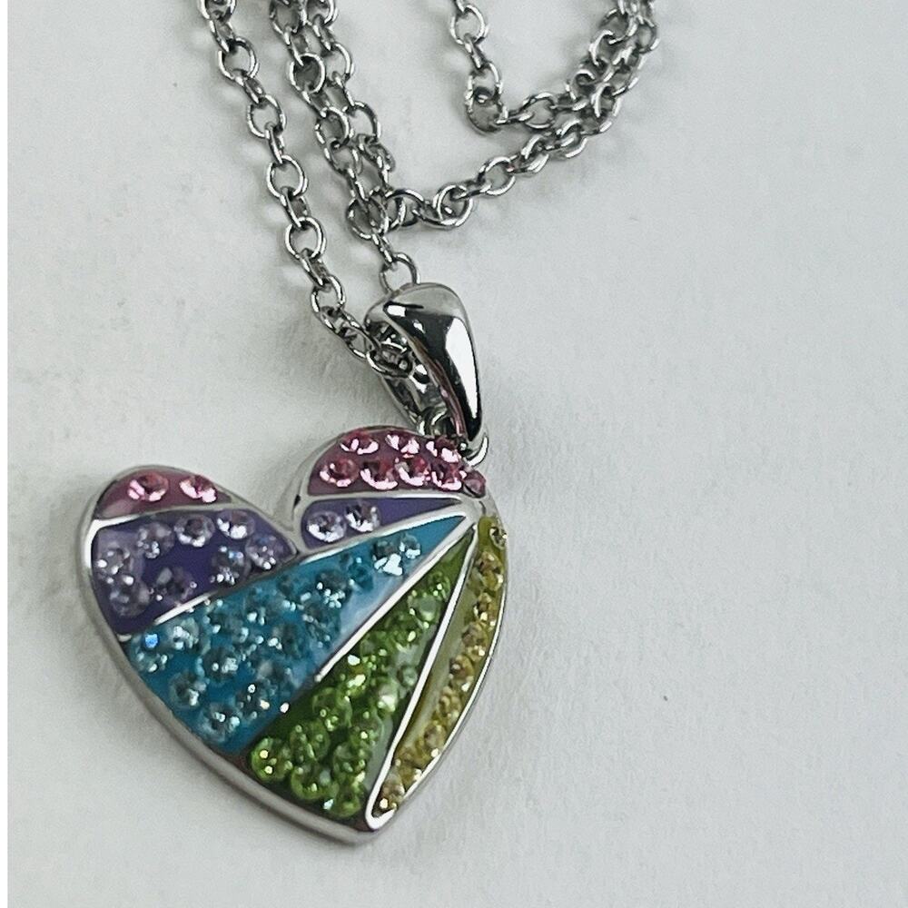 Rainbow Heart Silver Tone Necklace Pendant Angled Pastel CZ Cubic Zirconia Kohls - Picture 3 of 16
